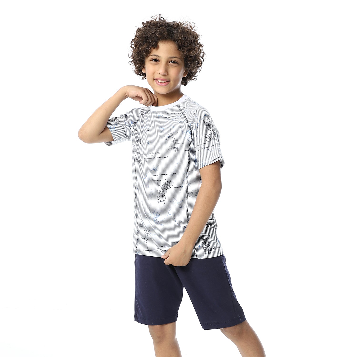 Boys Short Sleeves Tee & Slip On Shorts Pajama Set - White & Navy