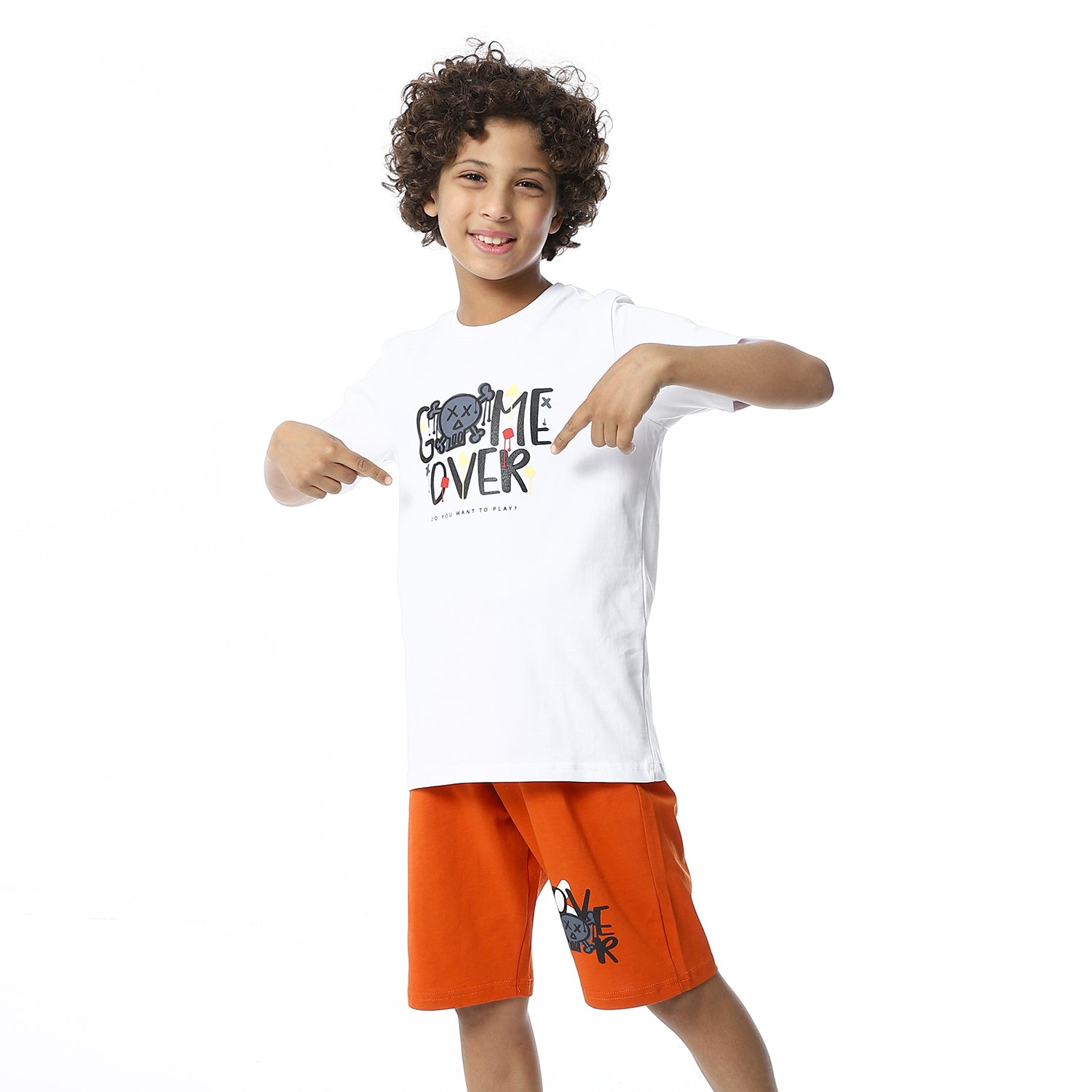 Boys Printed Colorful Summer & Pajama Shorts Set - White & Orange