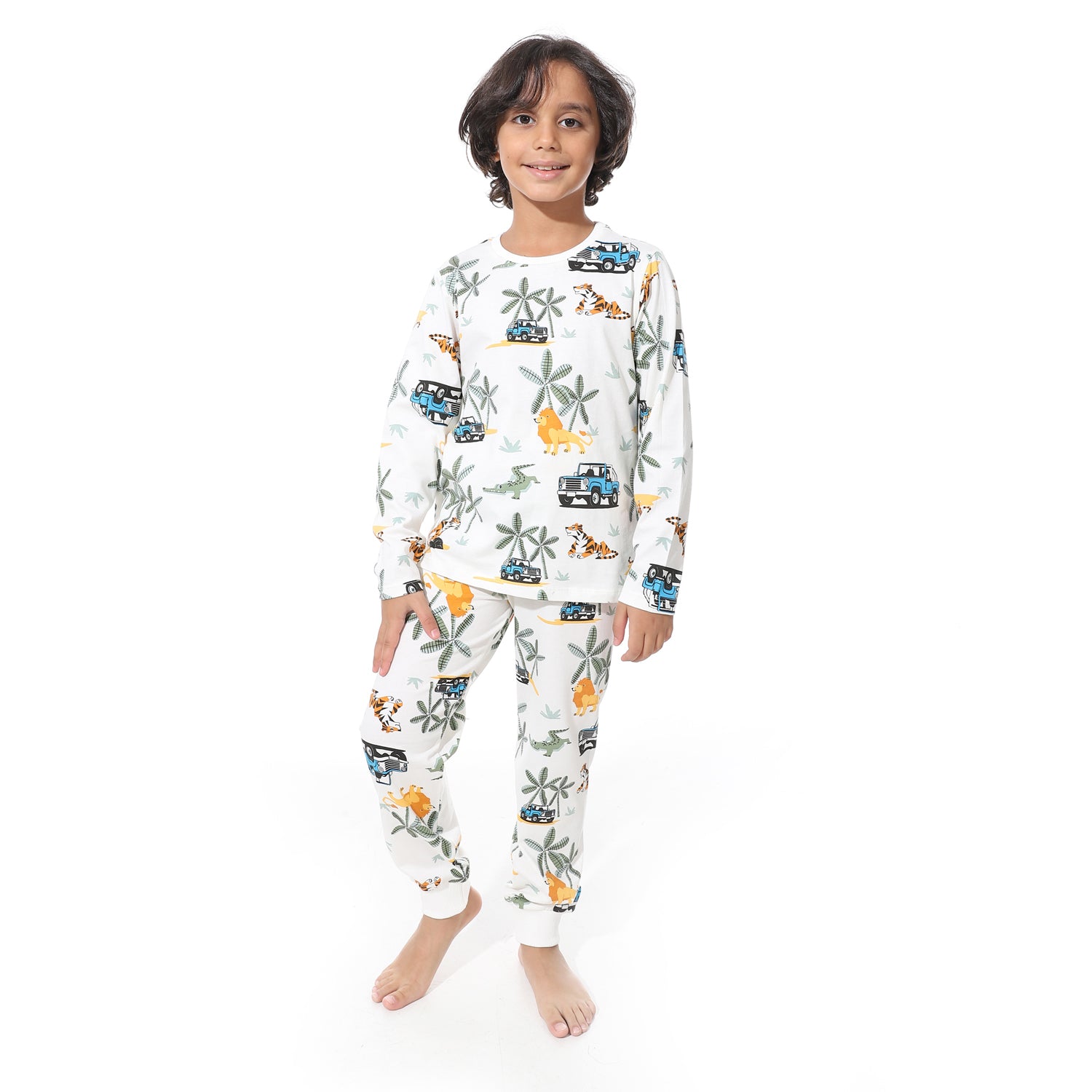 Boys’ Long Sleeve Pajama Set – Trees Print in Soft White