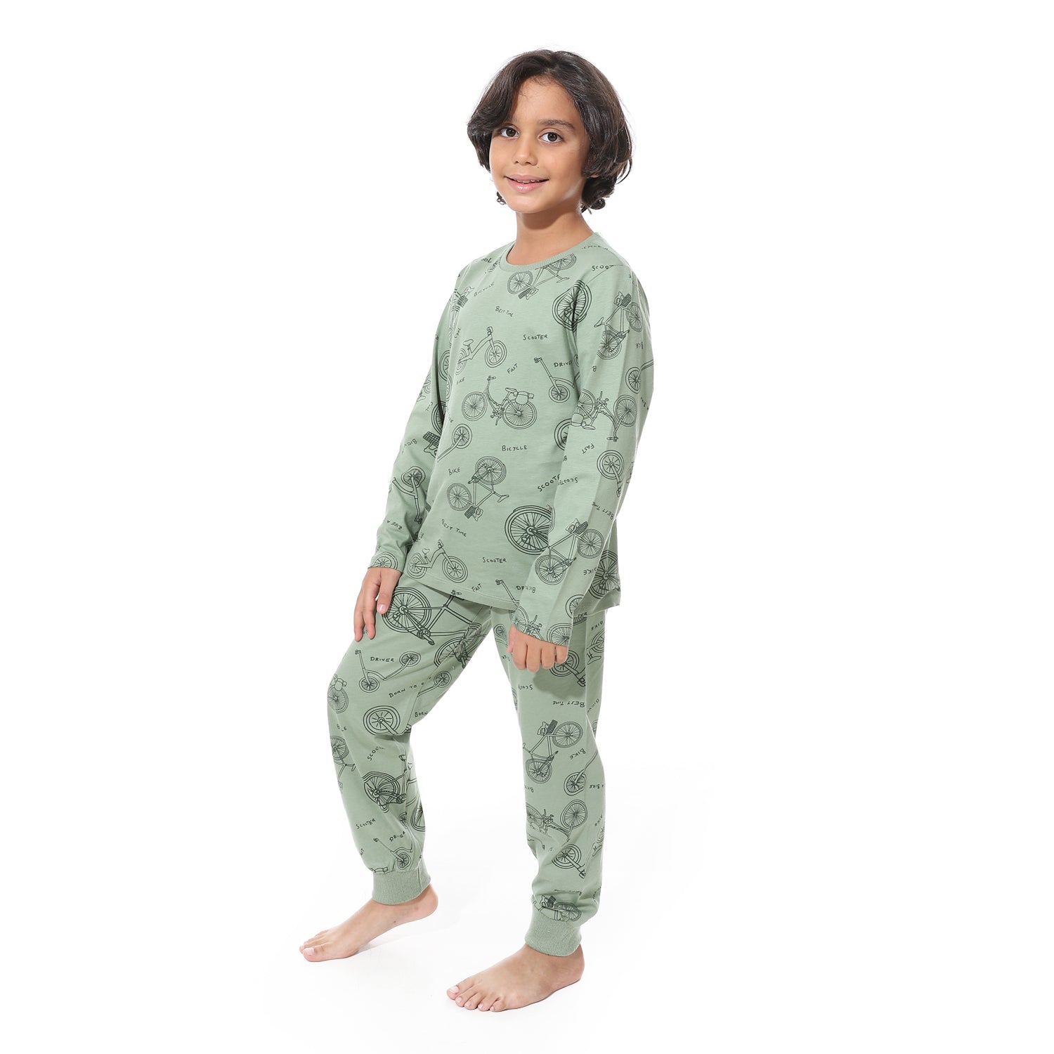 Boys’ Long Sleeve Pajama Set – Bicycle Print in Soft Green