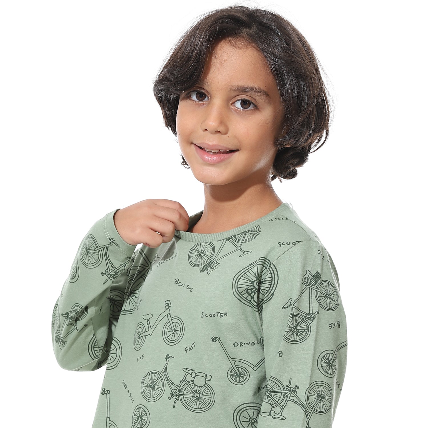 Boys’ Long Sleeve Pajama Set – Bicycle Print in Soft Green