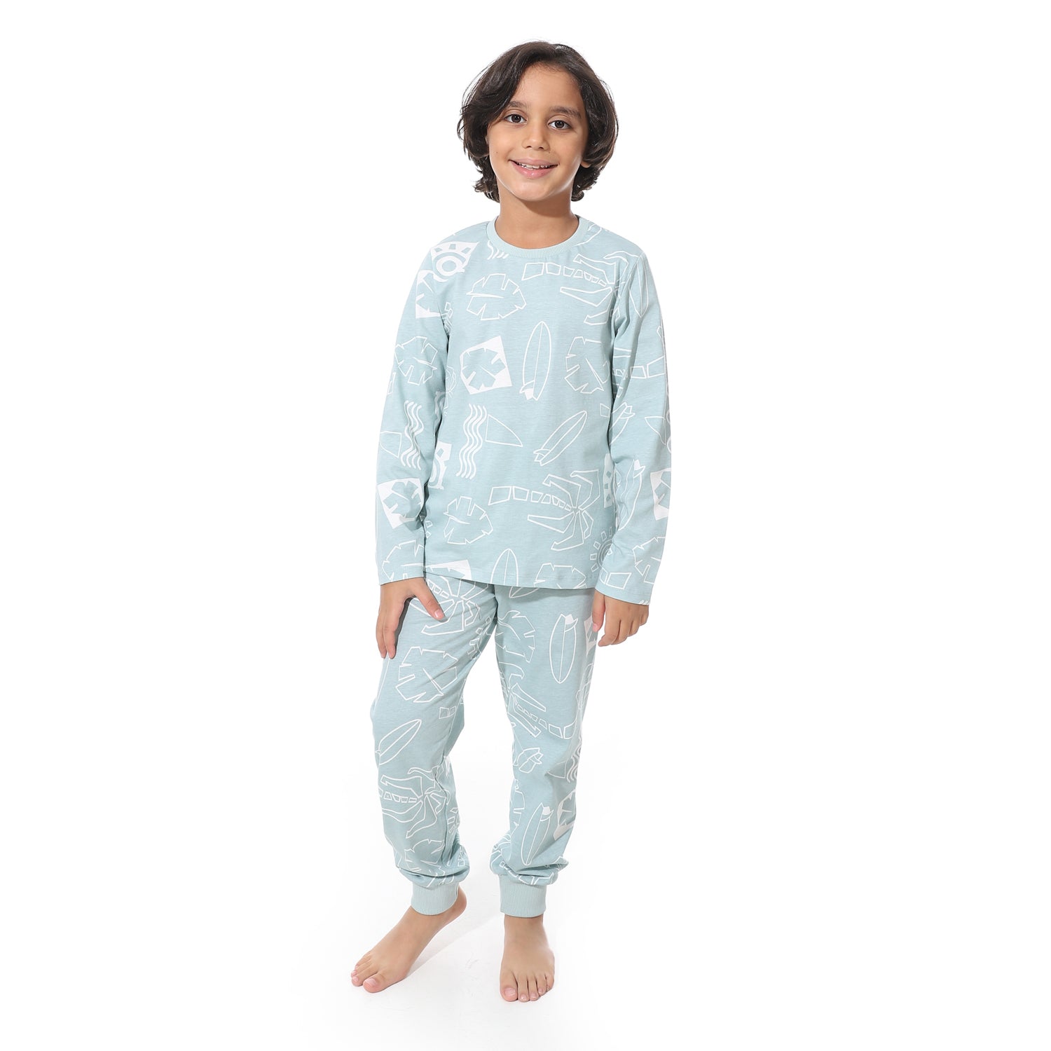 Boys’ Long Sleeve Pajama Set – Print in Soft Aqua