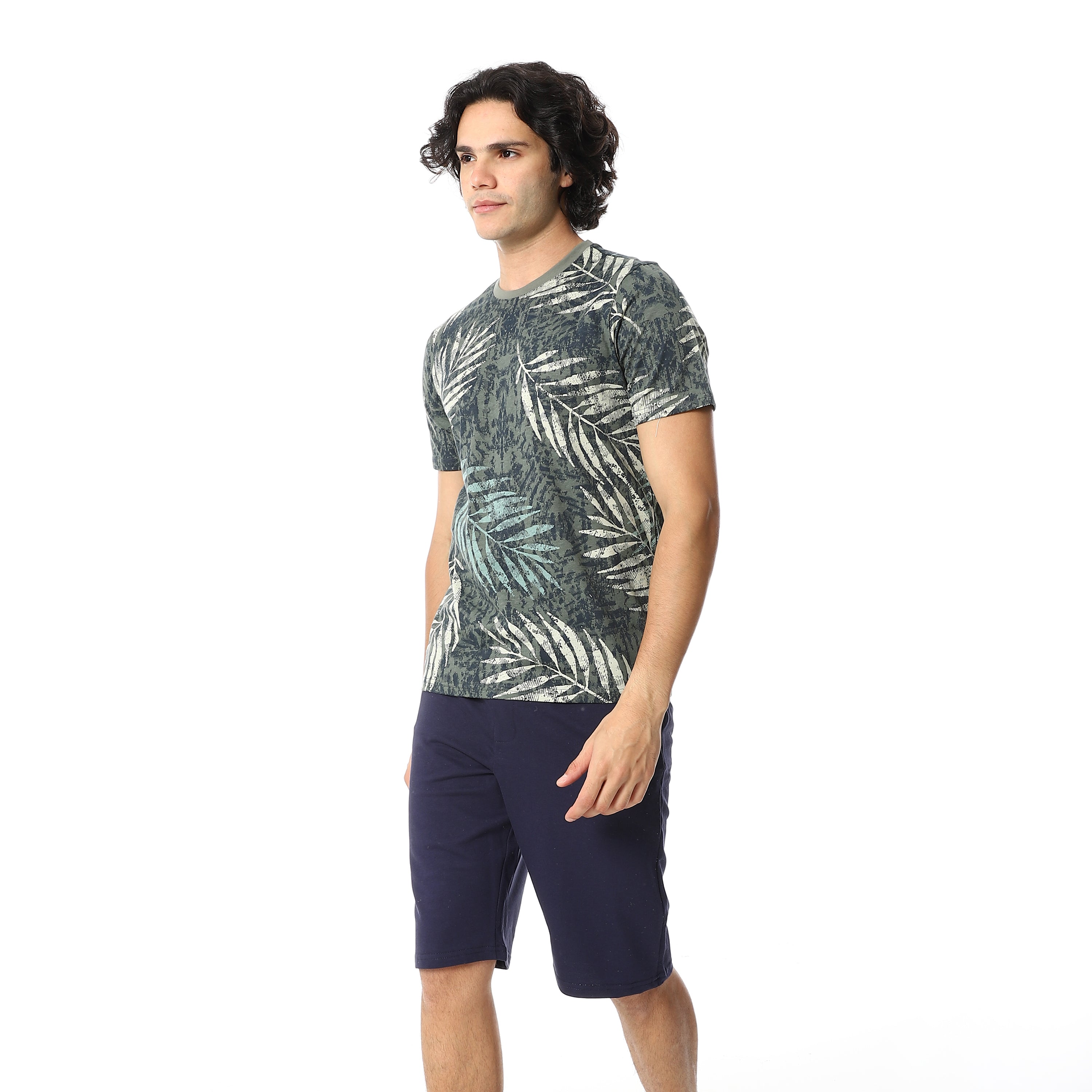 Olive Palm Leaves Tee & Solid Navy Shorts Pajama Set
