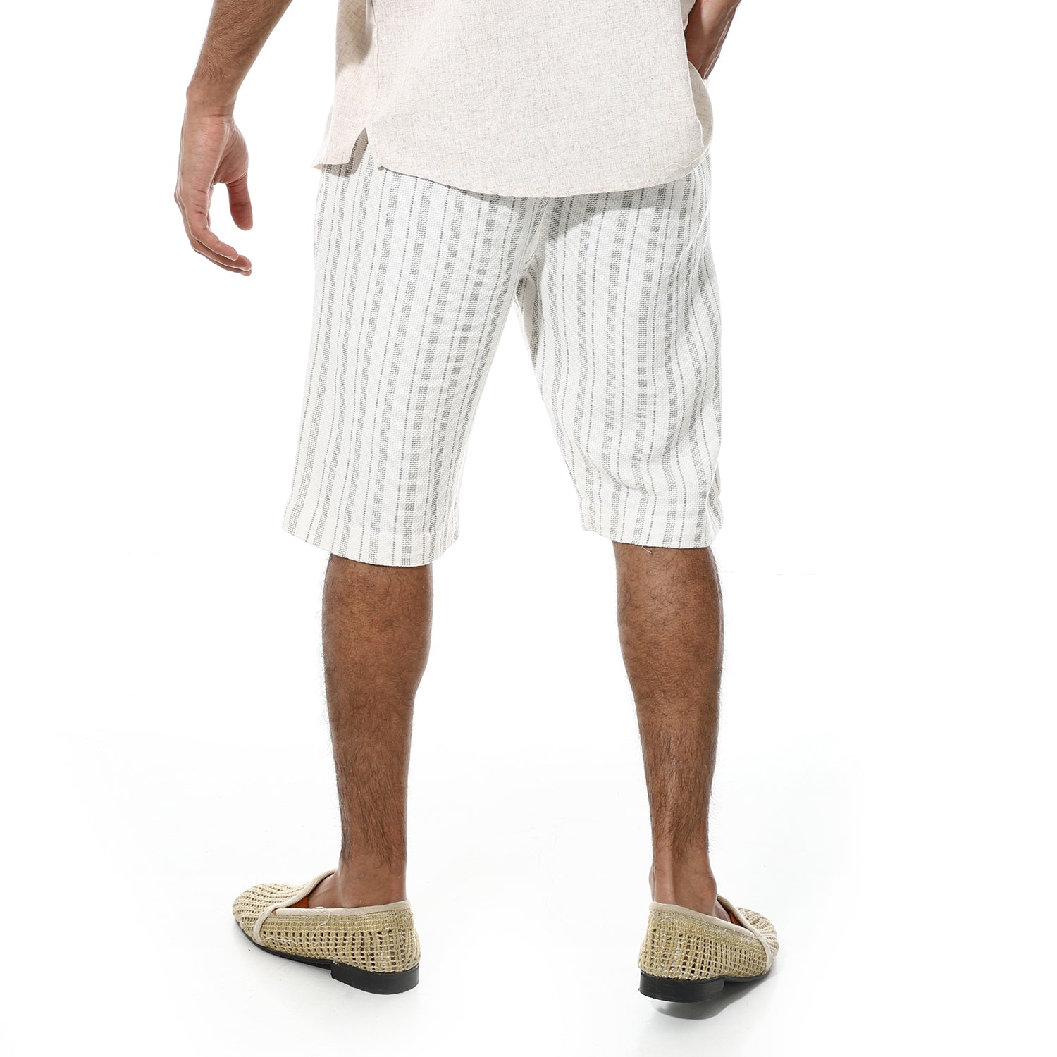 Men's White Linen Striped Shorts – Black Pinstripes, Lightweight & Breathable