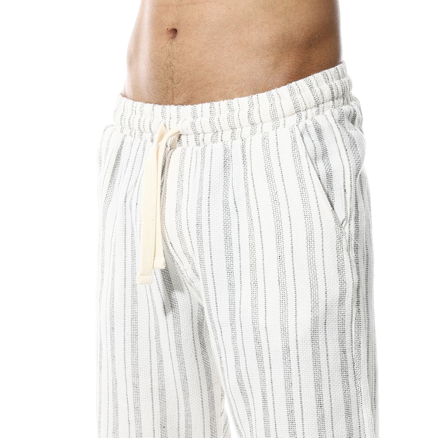 Men's White Linen Striped Shorts – Black Pinstripes, Lightweight & Breathable