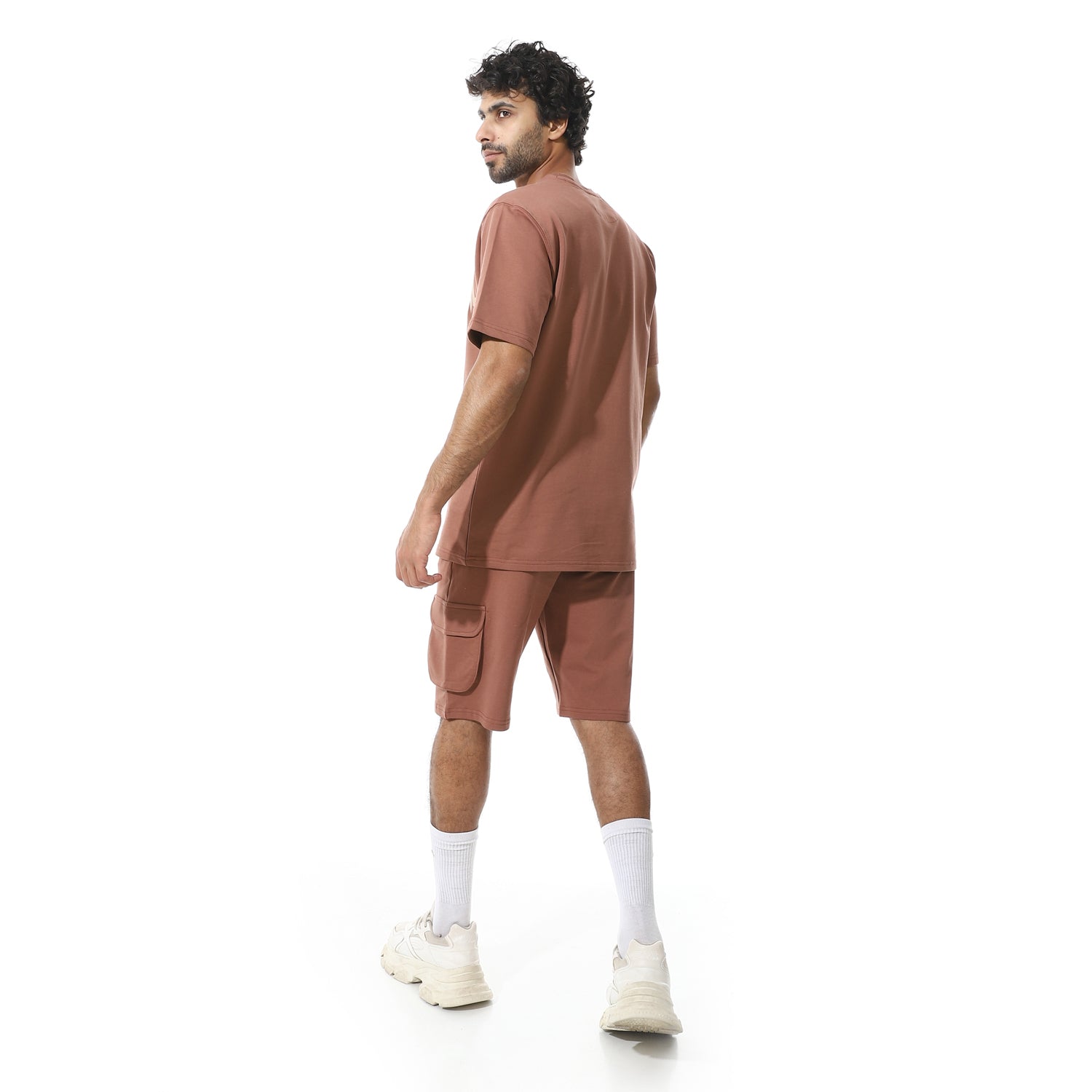 Men's Set Casual Cargo Shorts Set – Print T-Shirt - Brown