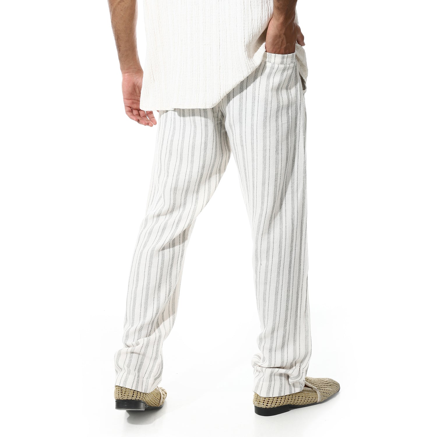 Men's White Linen Striped Pants – Green Pinstripes, Lightweight & Breathable