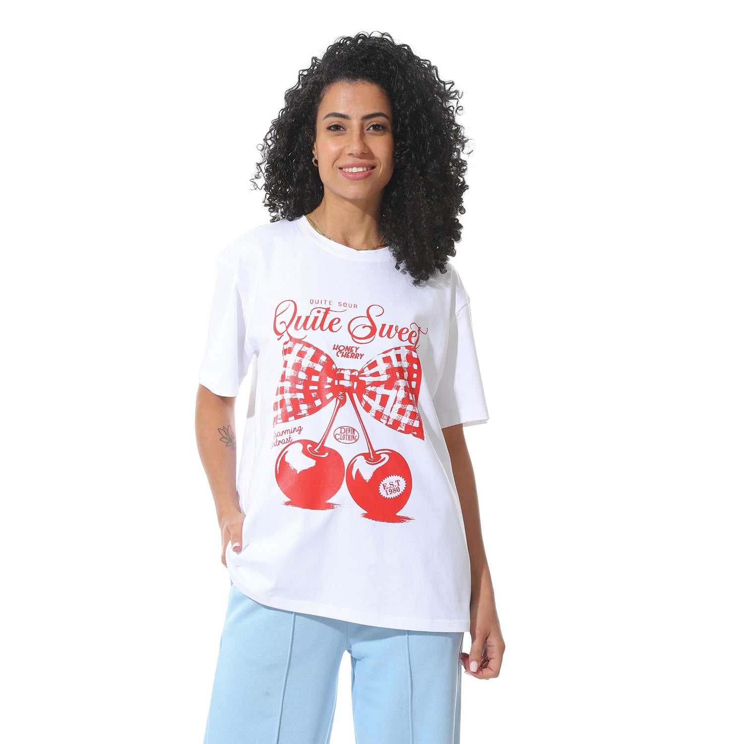 Women's White T-shirt with Red Cherry Bow Print