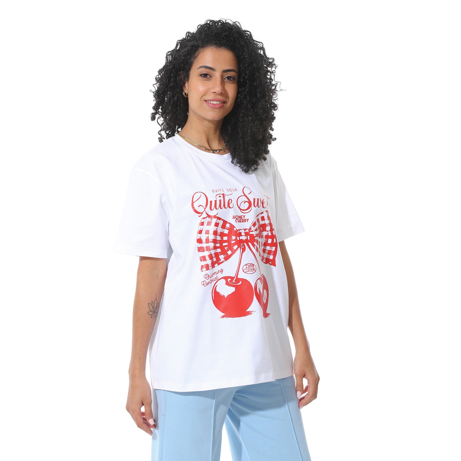 Women's White T-shirt with Red Cherry Bow Print