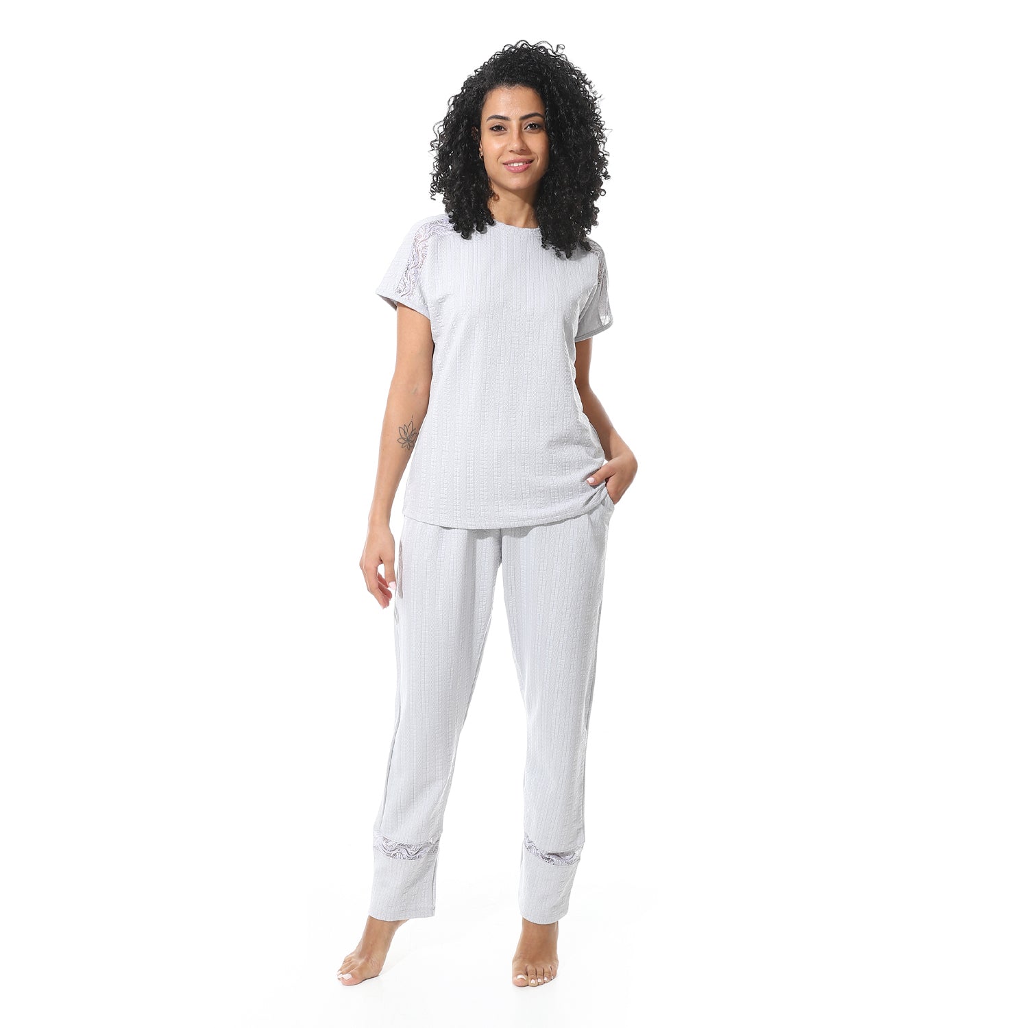 Elegant Summer Jacquard Pajama Set with Lace Detailing - Silver