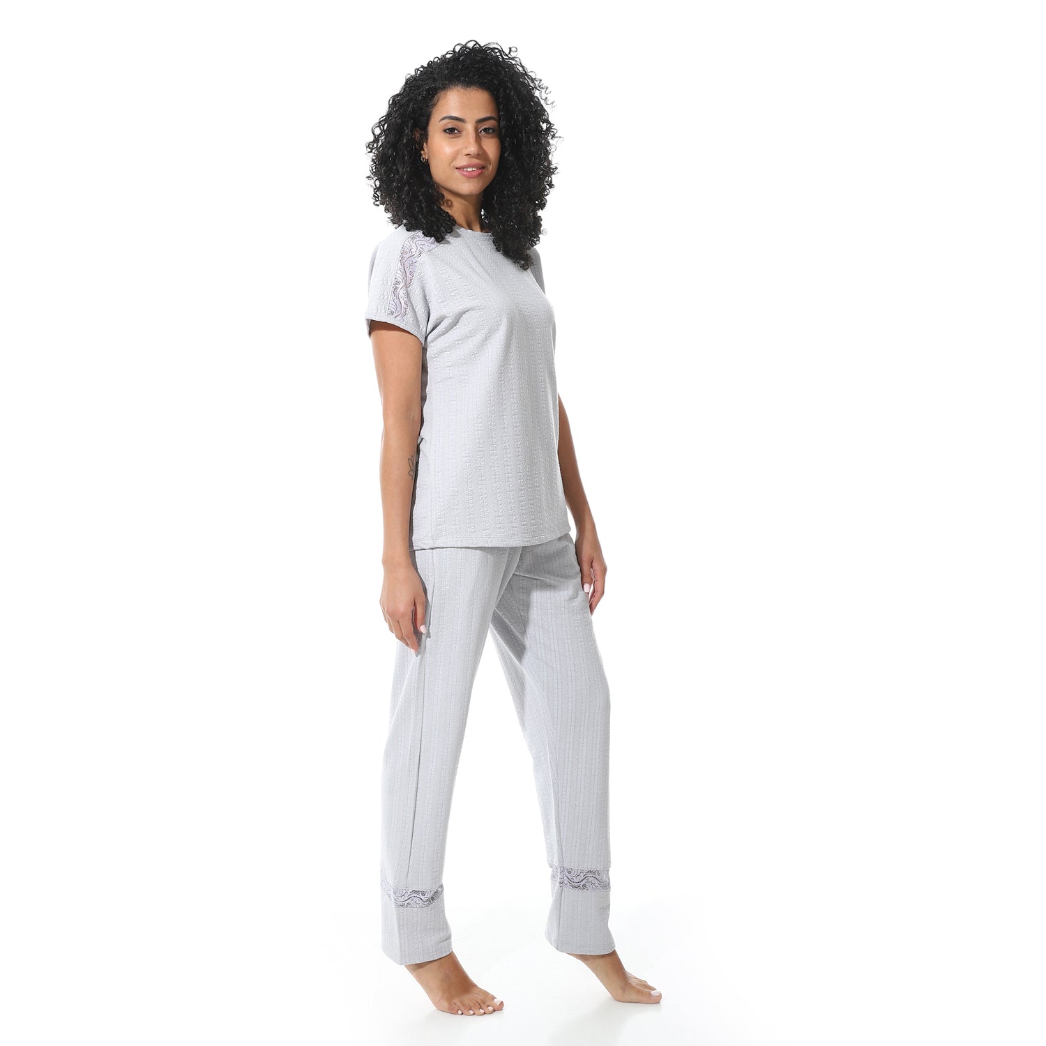 Elegant Summer Jacquard Pajama Set with Lace Detailing - Silver