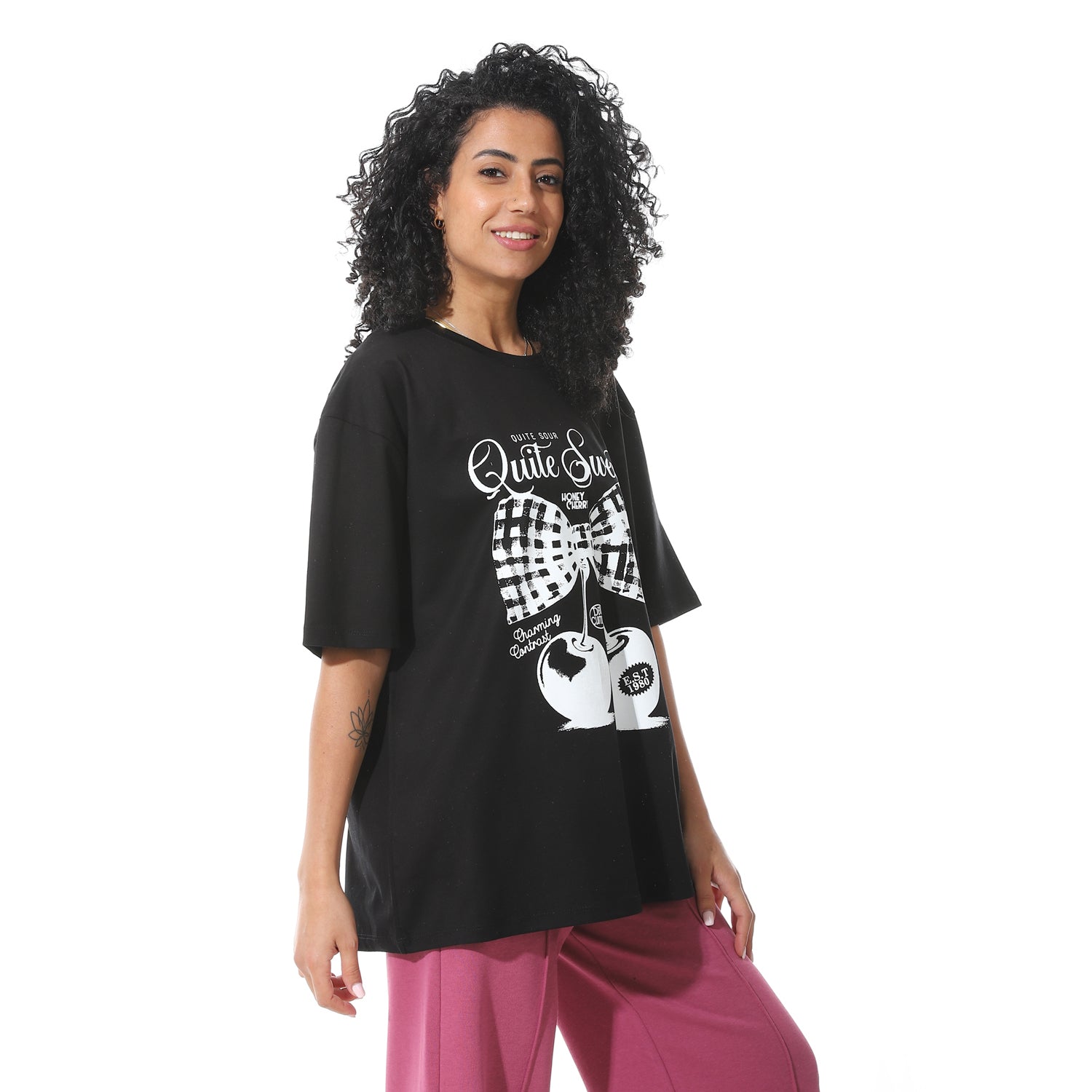 Women's Black T-shirt with White Cherry Bow Print