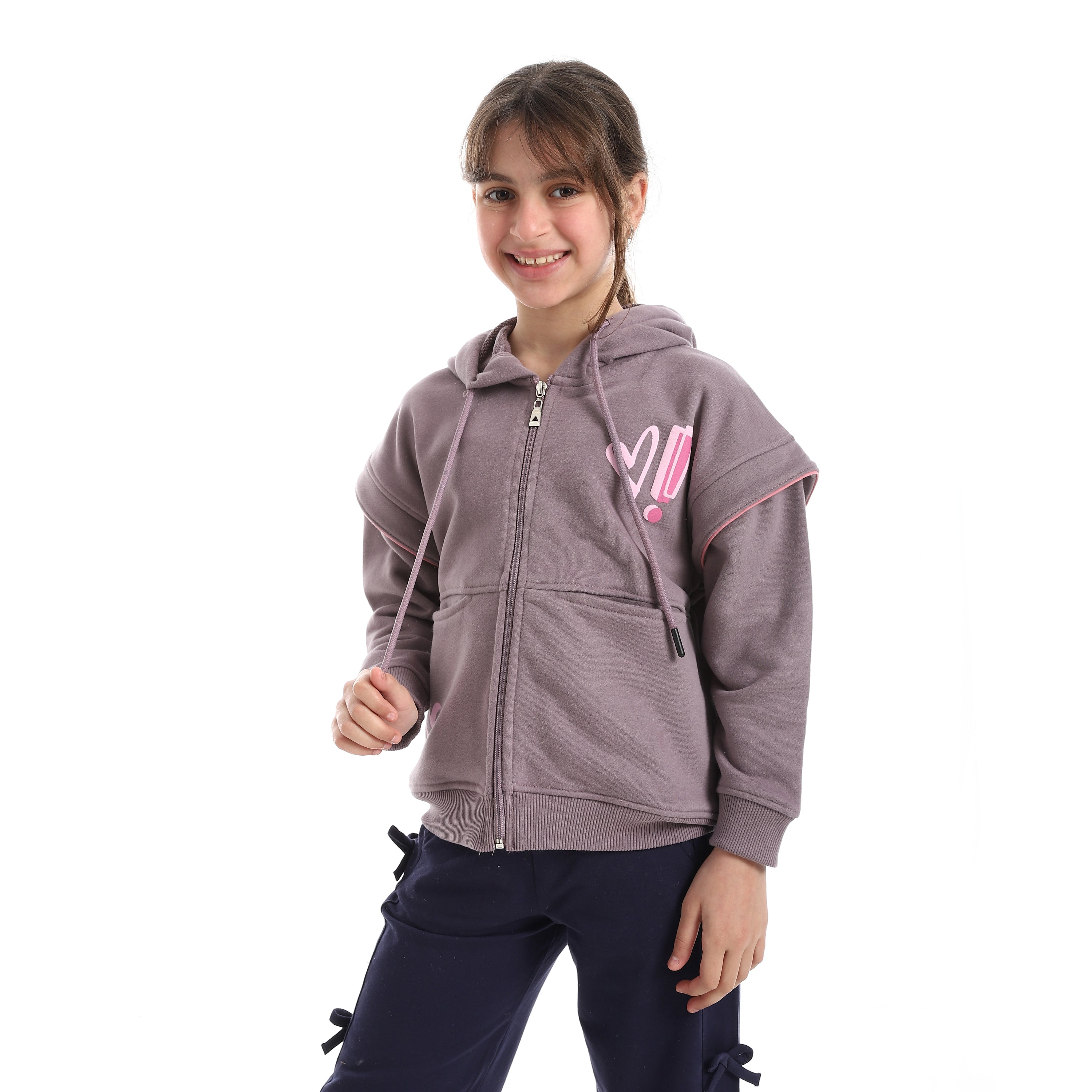 Girls' Oversized Layered-Sleeve Zip-Up Hoodie