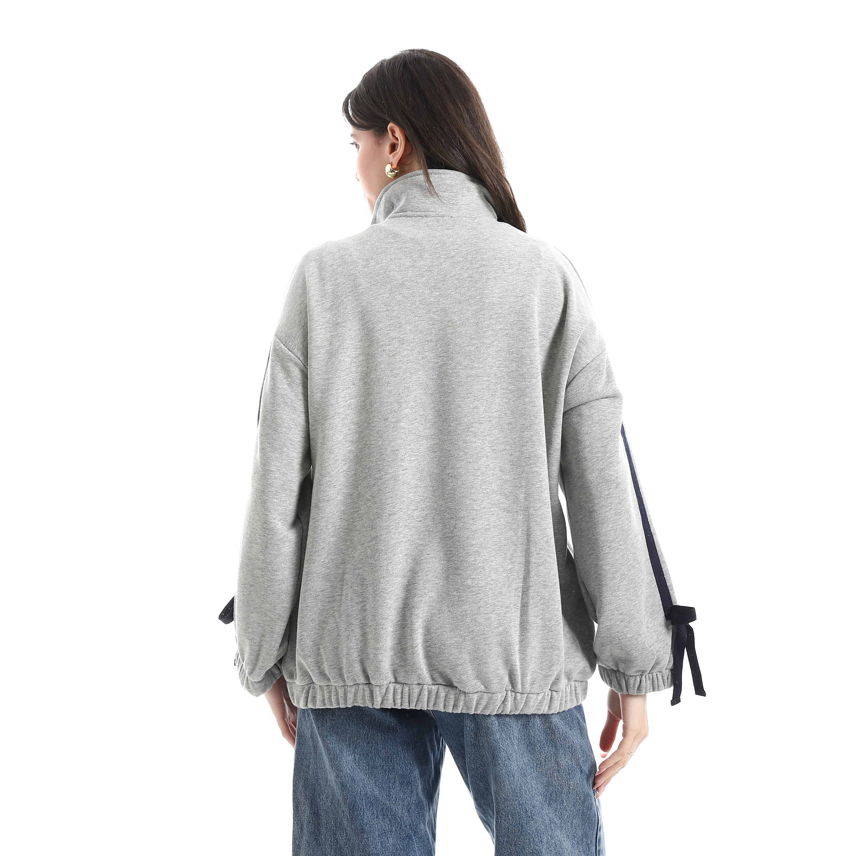 Women's Zip-Up Jacket with Ribbon Sleeve Detail