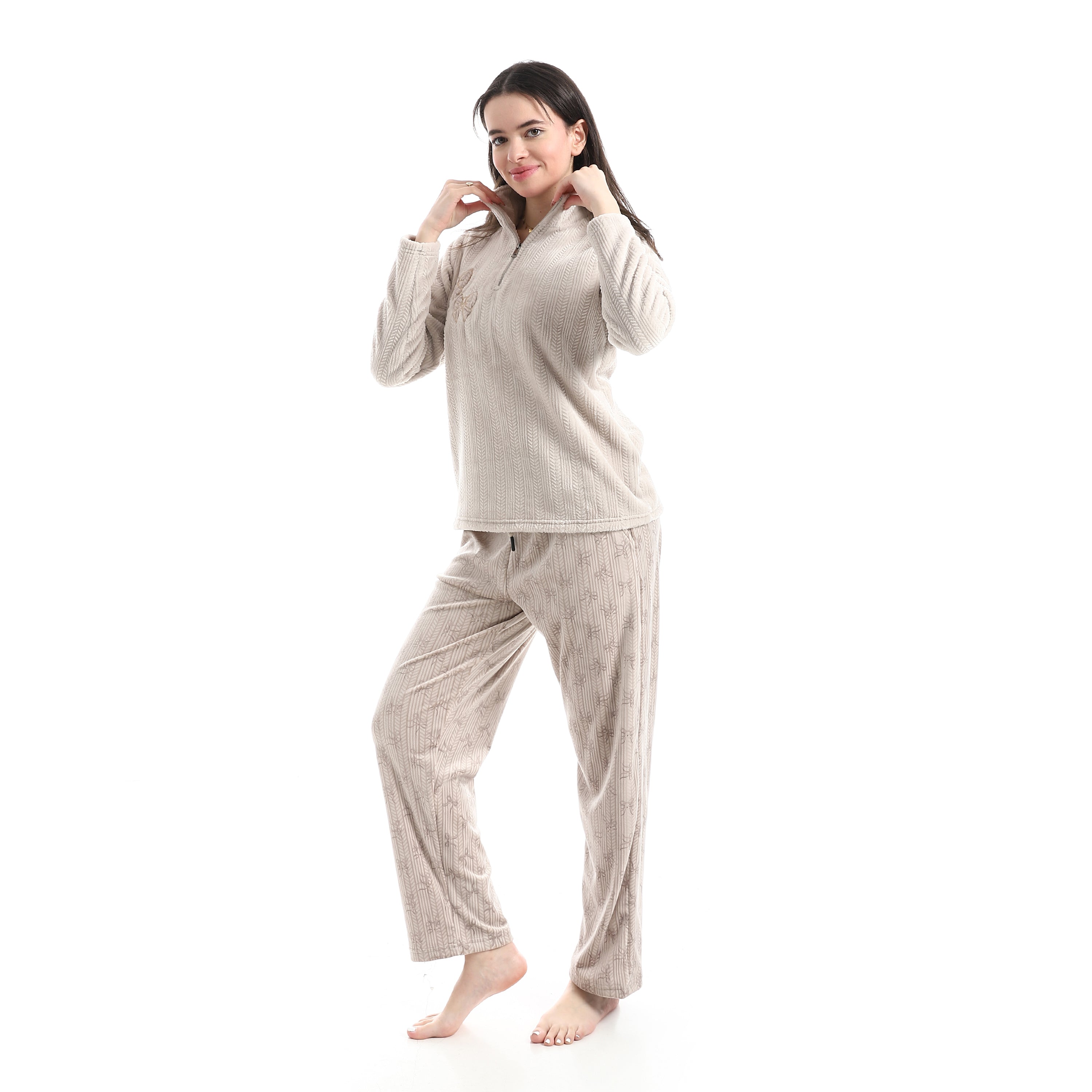 Women's Ribbed Velvet Pajama Set – High-Neck Embroidered Lounge Set
