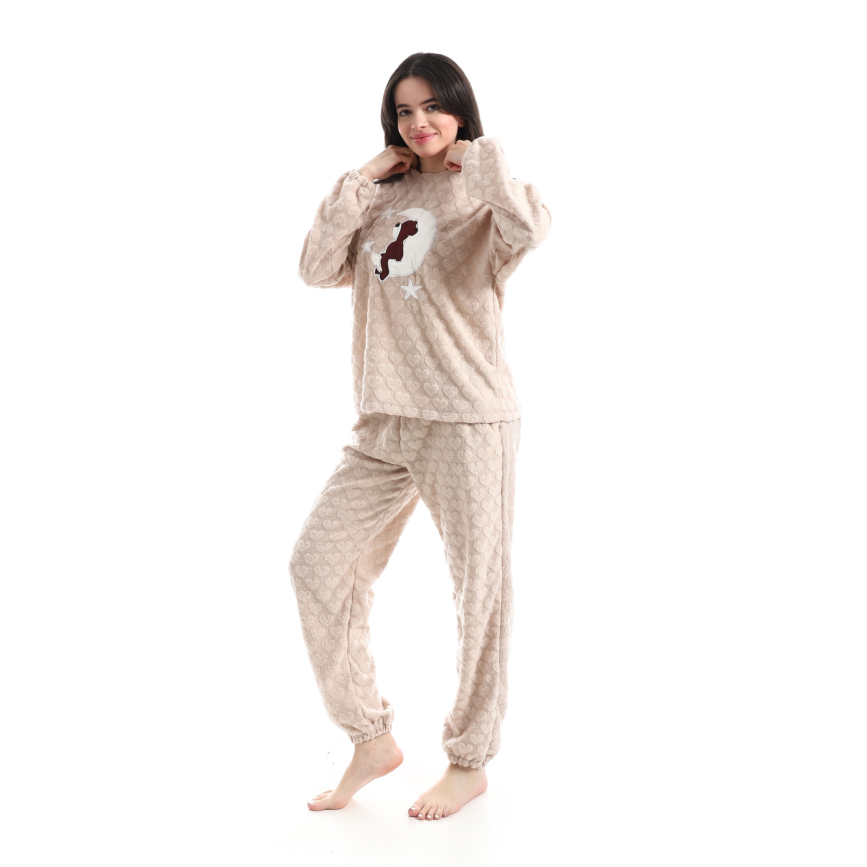 Teddy Bear & Moon Embossed Heart Fleece Pajama Set