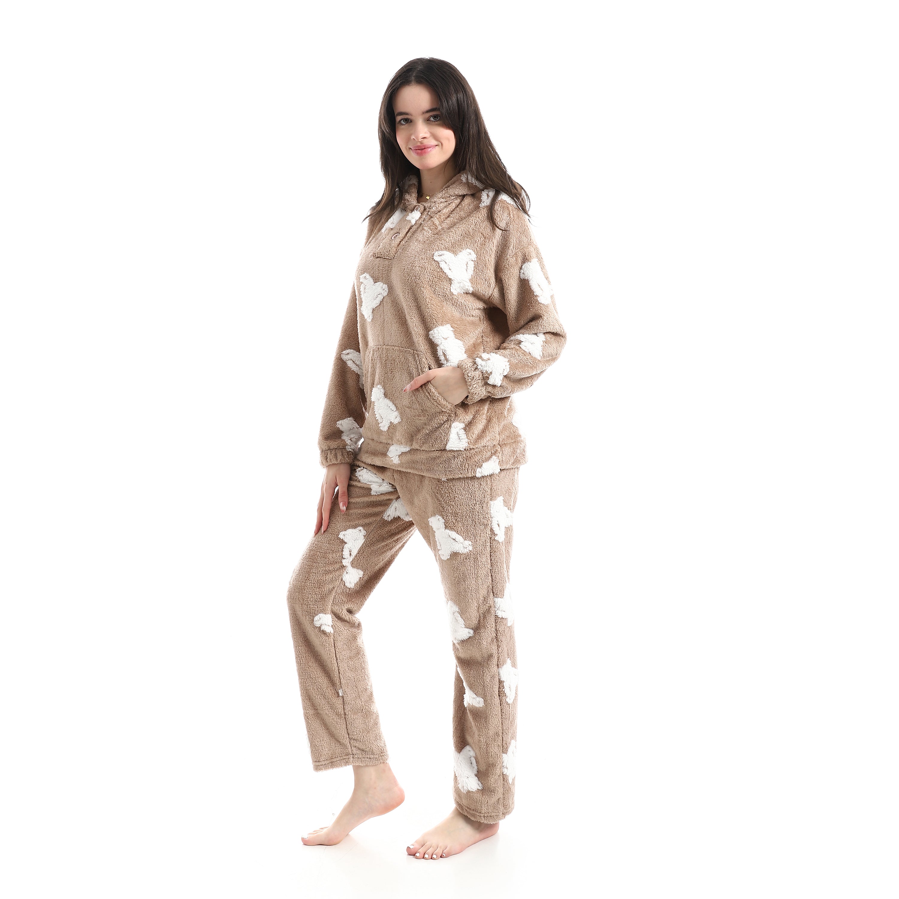Women’s Ultra-Soft Plush Hoodie Pajama Set – Cozy Bear Print Loungewear
