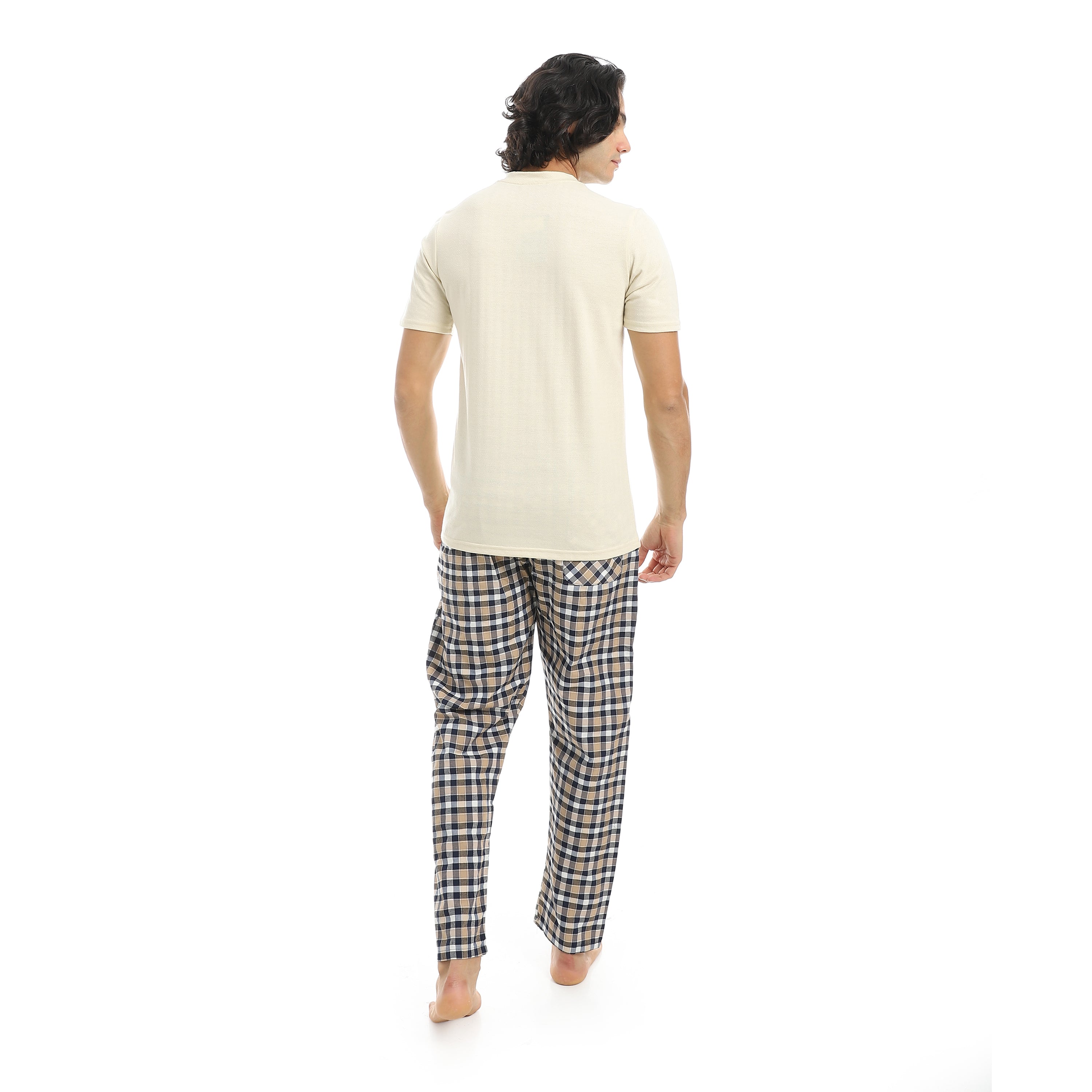 Men’s Cotton Pajama Set – Off White Henley T-Shirt with Checkered Pants