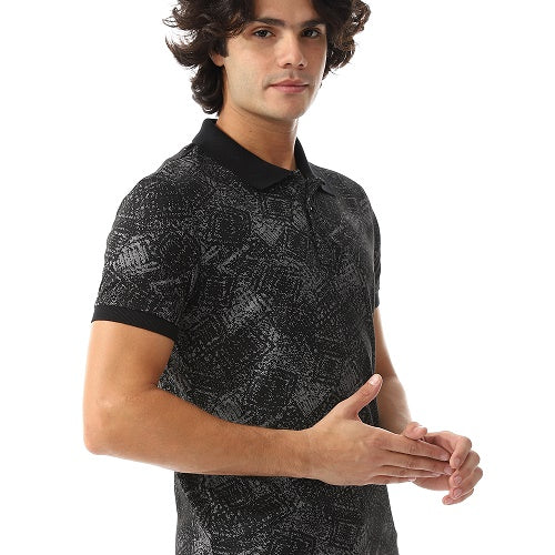 Men's Black and Grey Jacquard Polo -  Casual Wear