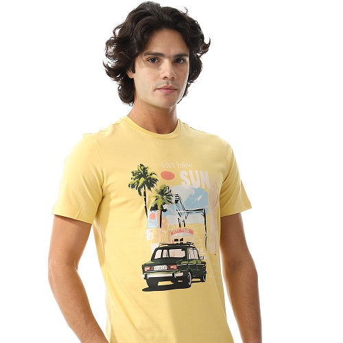 Men's summer pajama, Yellow T-shirt with Sun Design and dark Green Pants