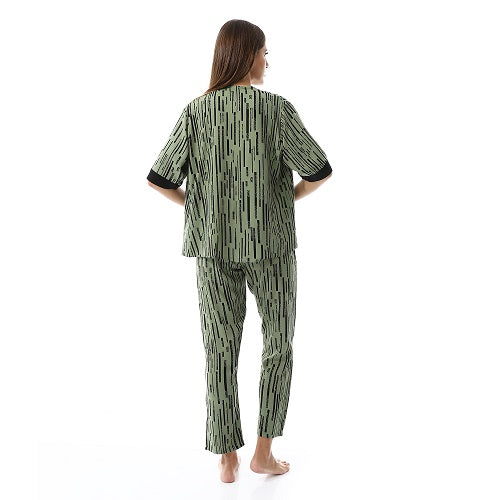 Set Of 3 Robe, Top & Pants Pajama Set for Women- Olive