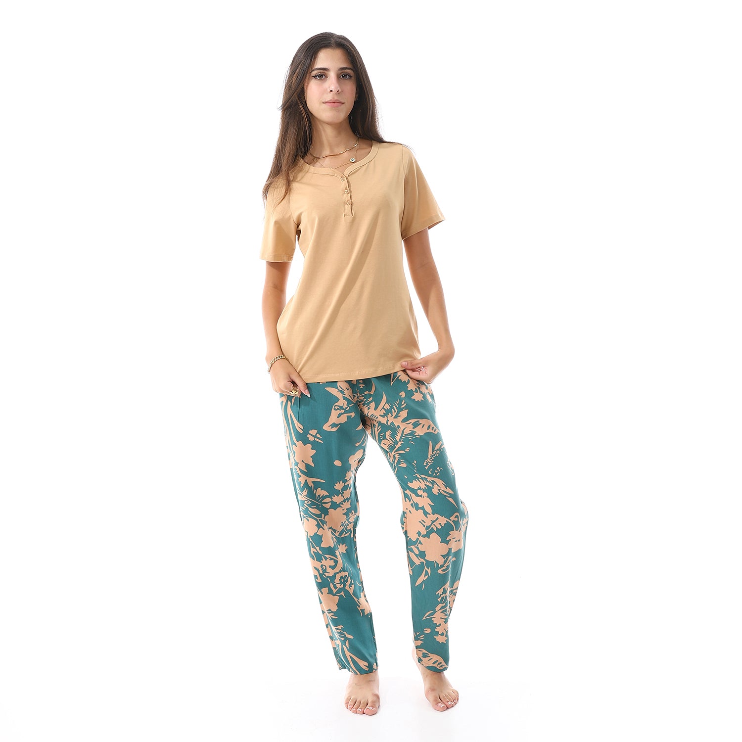 Women's summer pajama cotton T-shirt and viscose pants-Beige & Green