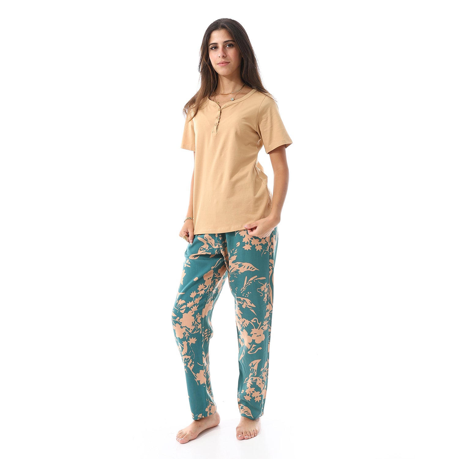 Women's summer pajama cotton T-shirt and viscose pants-Beige & Green