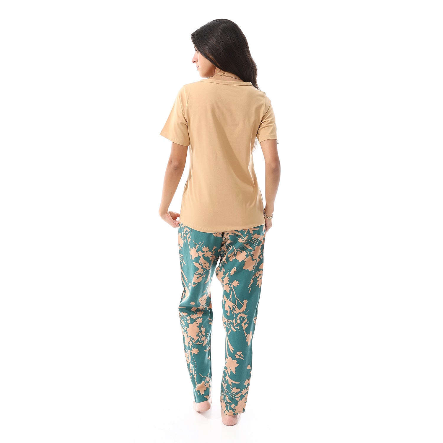 Women's summer pajama cotton T-shirt and viscose pants-Beige & Green