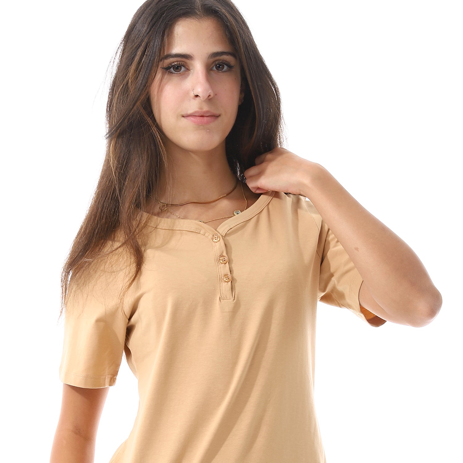 Women's summer pajama cotton T-shirt and viscose pants-Beige & Green