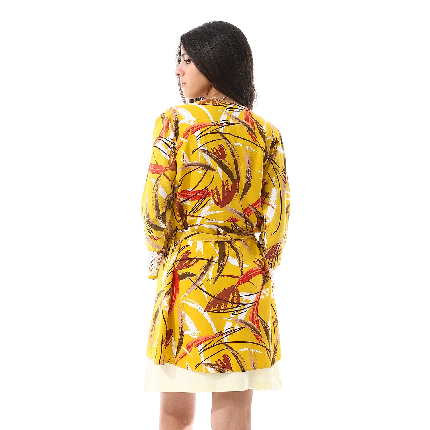 Yellow Solid Short Nightgown & Colorful Floral Robe Set