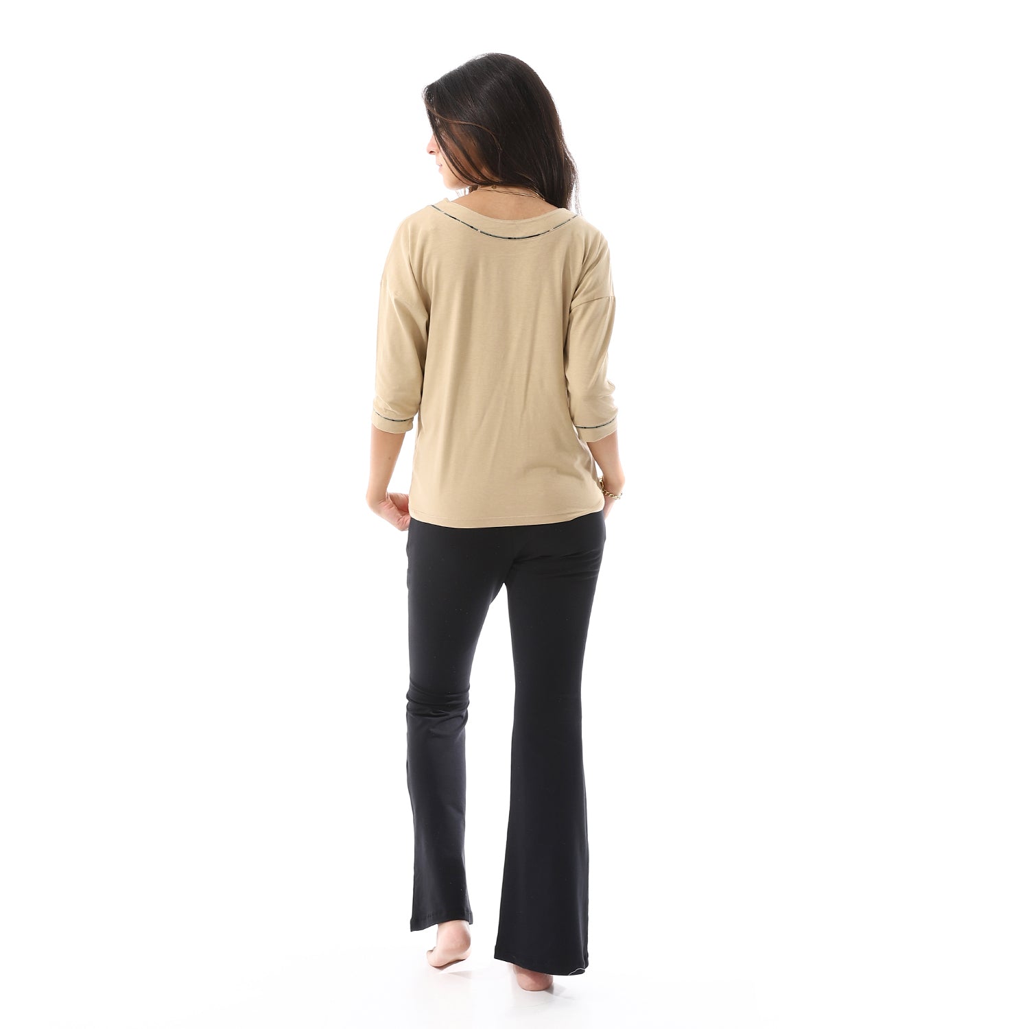 Wide Boat Neck Tee & Pants Pajama Set - Beige & Black