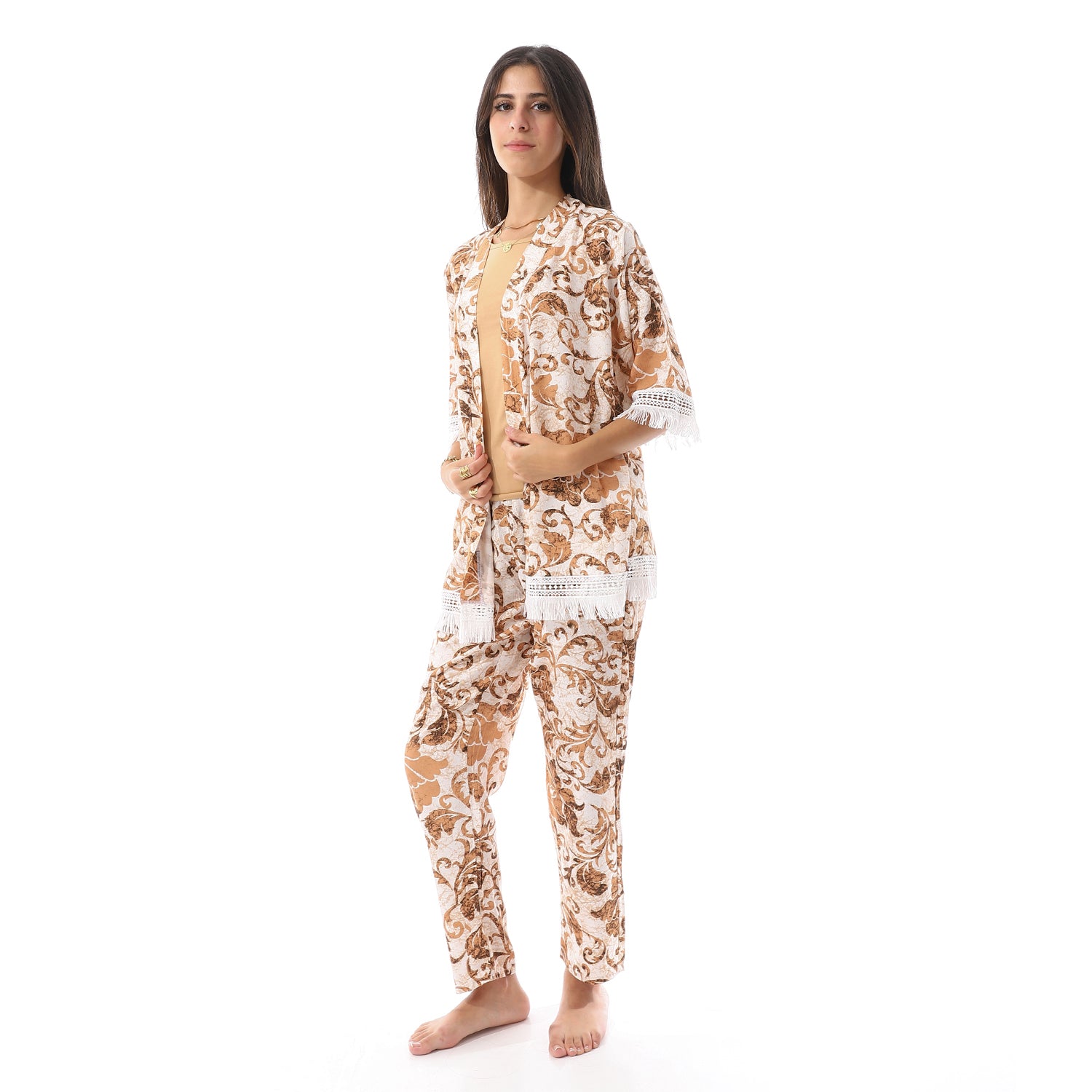 Set Of 3 Robe, Top & Pants Pajama Set for Women - Beige