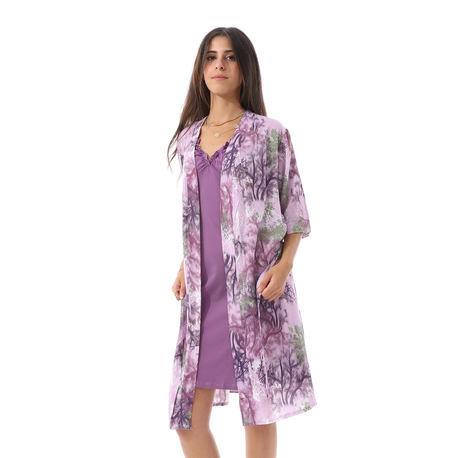 Purple Solid Short Nightgown & Colorful Floral Robe Set