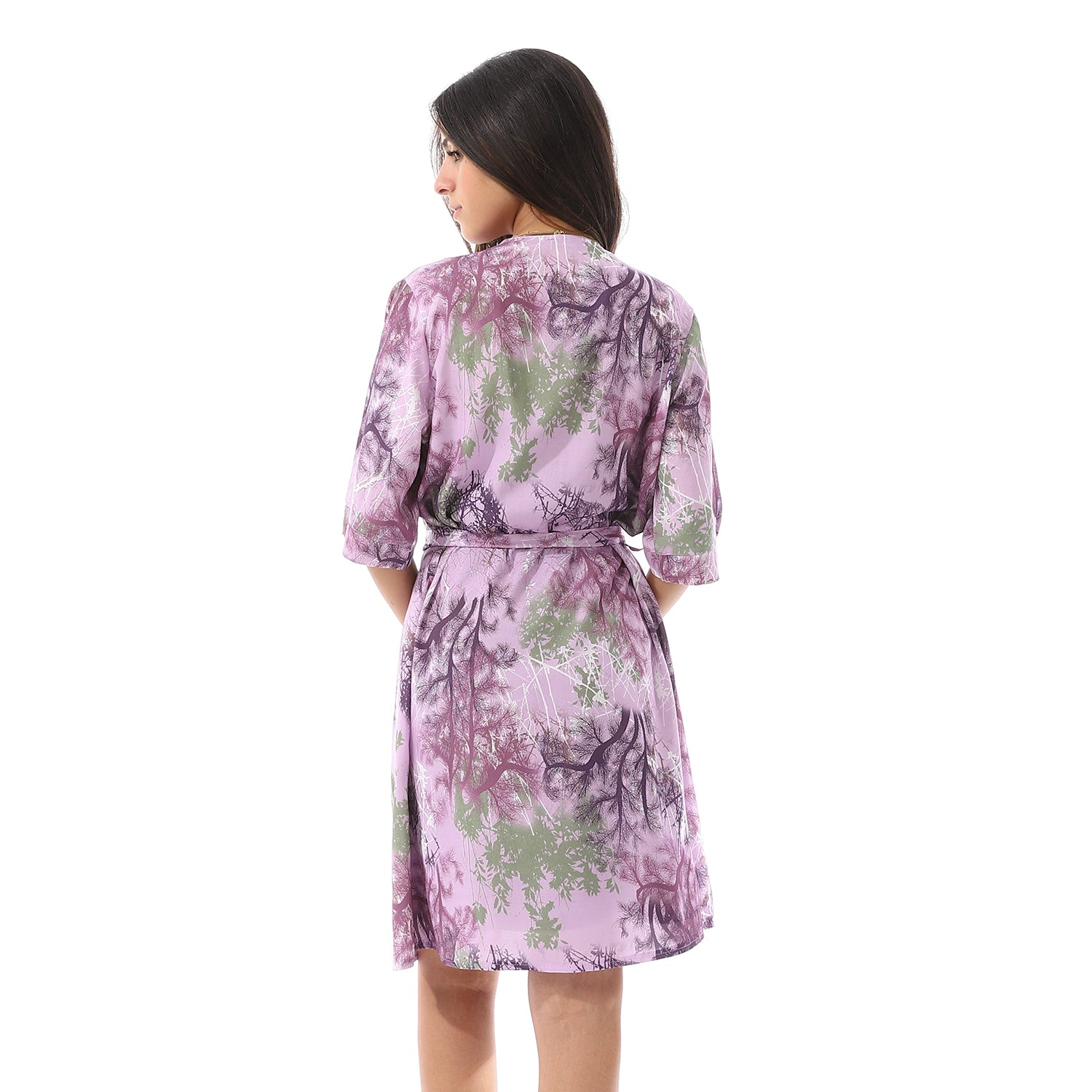 Purple Solid Short Nightgown & Colorful Floral Robe Set