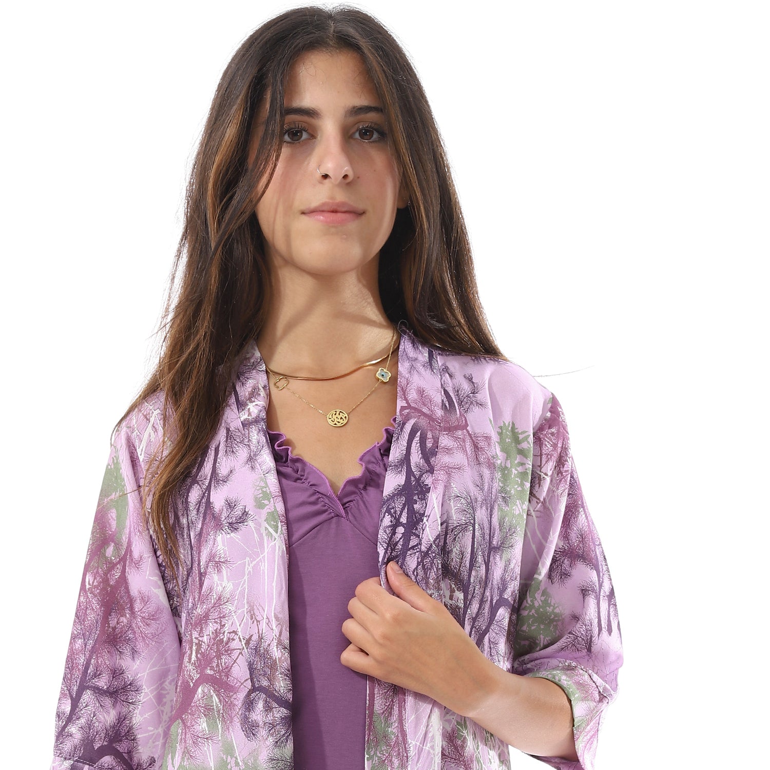 Purple Solid Short Nightgown & Colorful Floral Robe Set