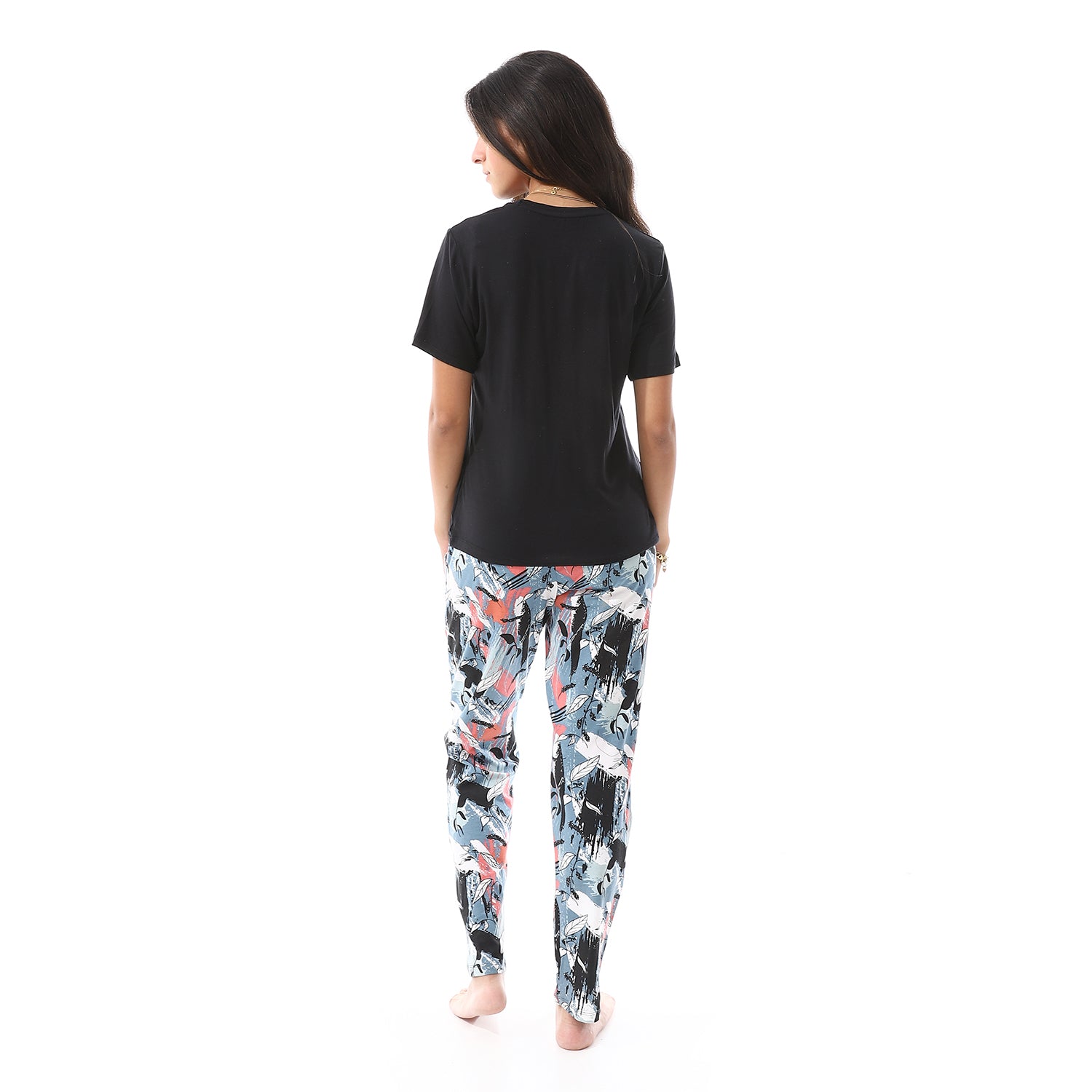 Cotton Tee & Patterned Pants Pajama Set - Black