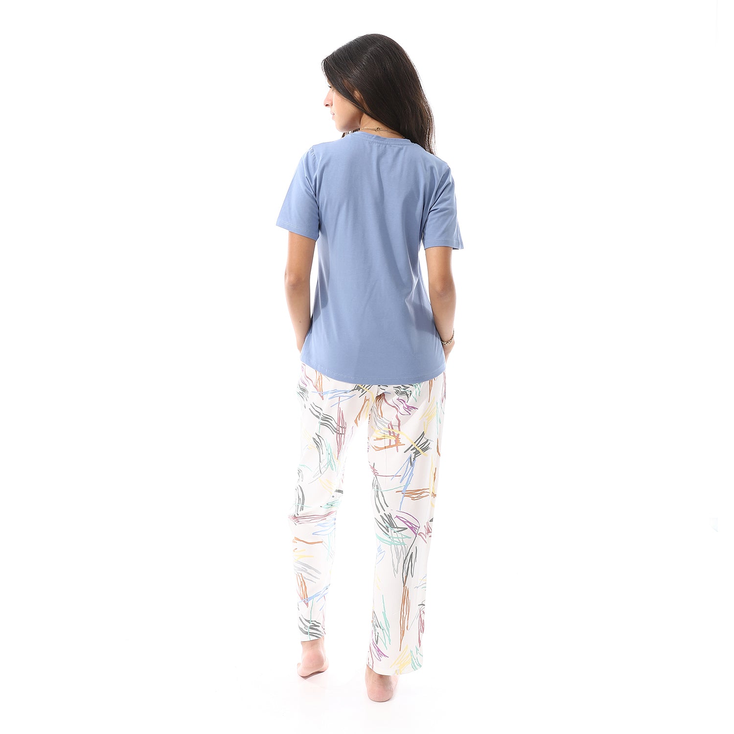 Women's summer pajama cotton T-shirt and viscose pants - Blue