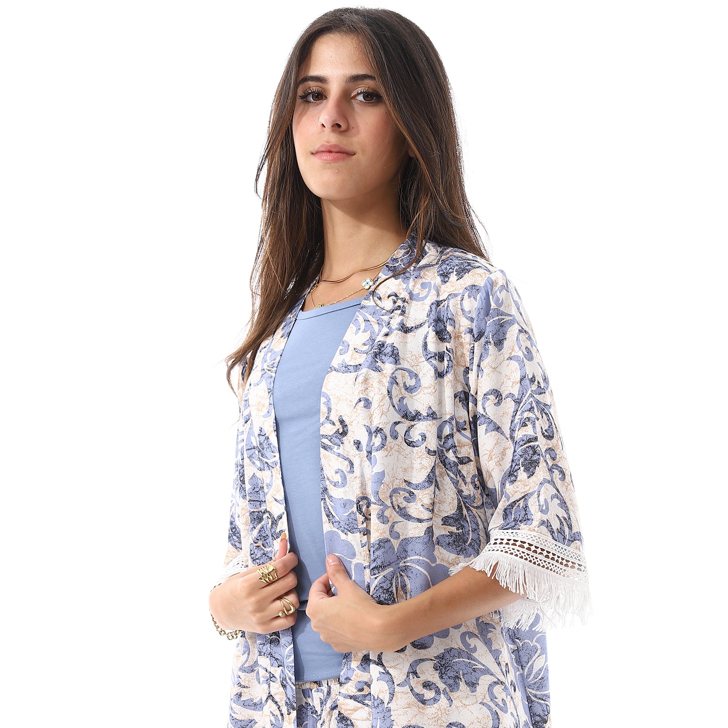 Set Of 3 Robe, Top & Pants Pajama Set for Women - Blue & White