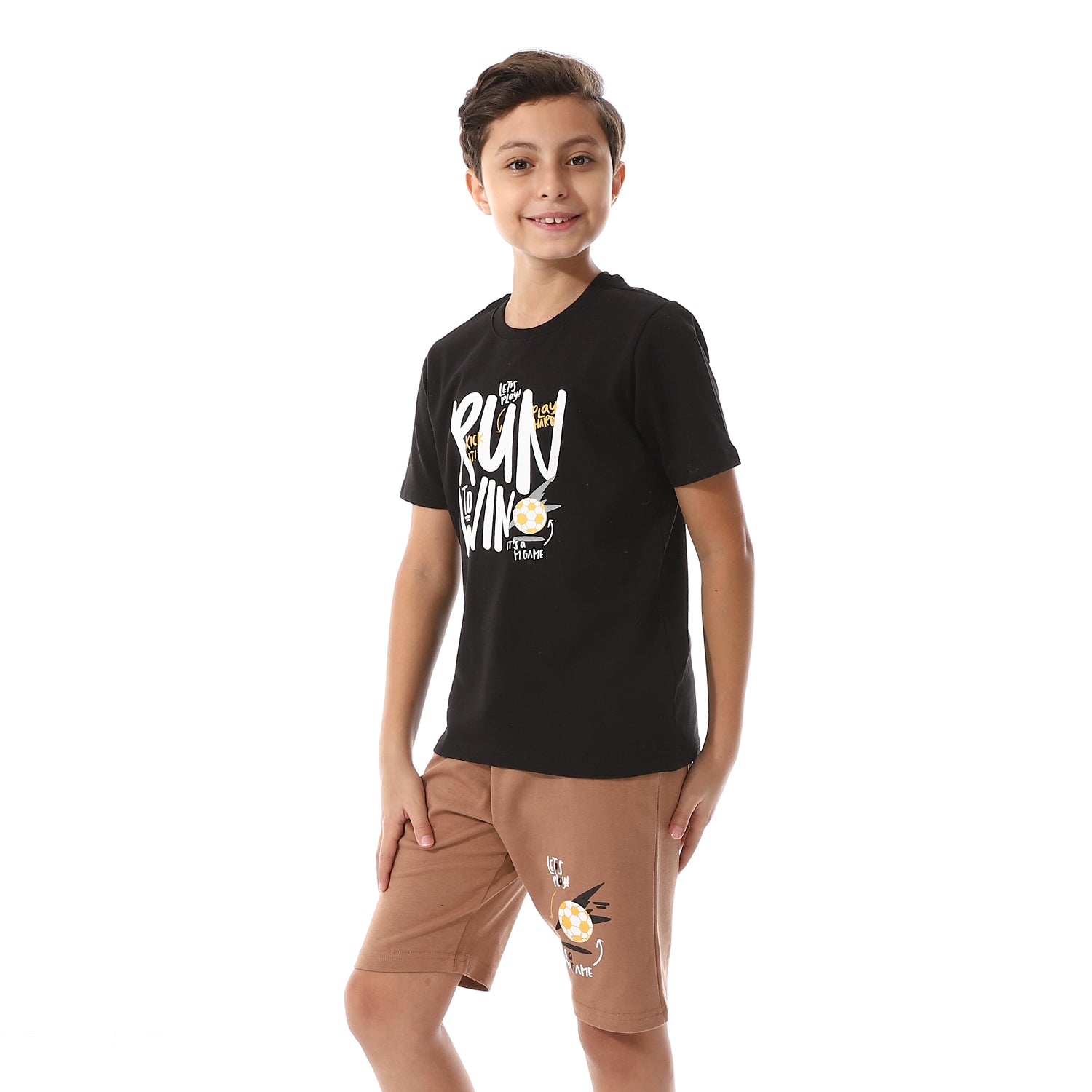 Boys Printed Colorful Summer & Shorts Pajama Set - Black & Café