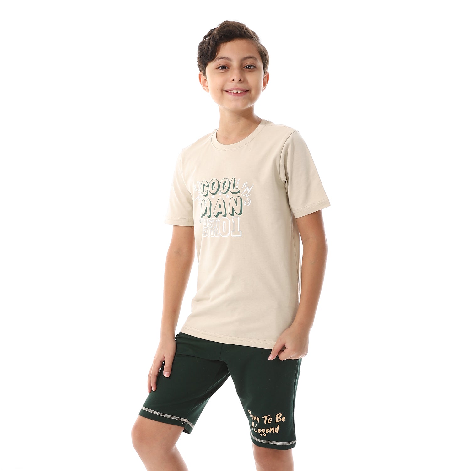 Summer Pajamas For Boys Shorts and Half Sleeves - Biege & Green