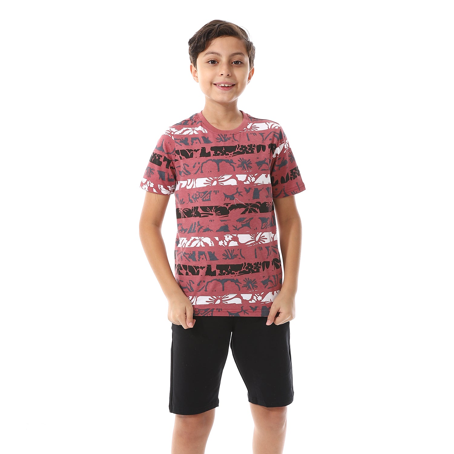 Boys Tri-Tone Floral & Short Pajama Set - Dark Red & Black