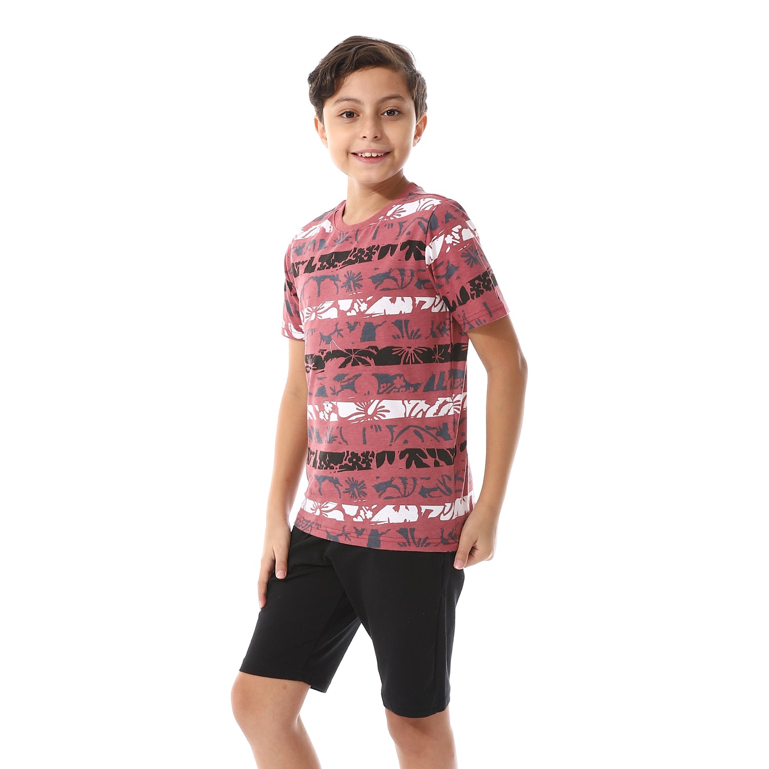 Boys Tri-Tone Floral & Short Pajama Set - Dark Red & Black