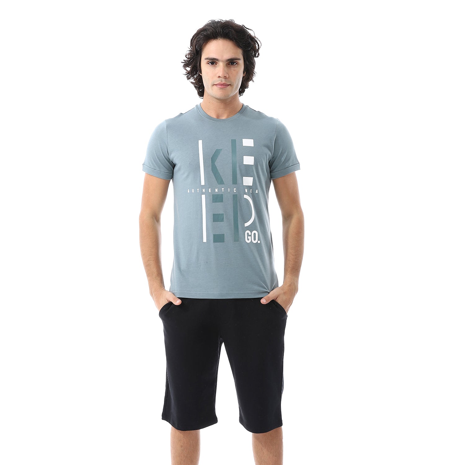 Men's pajama set with printed - Aqua