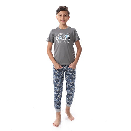 Red Cotton Summer Pajamas for Boys, Printed Pants-Blue
