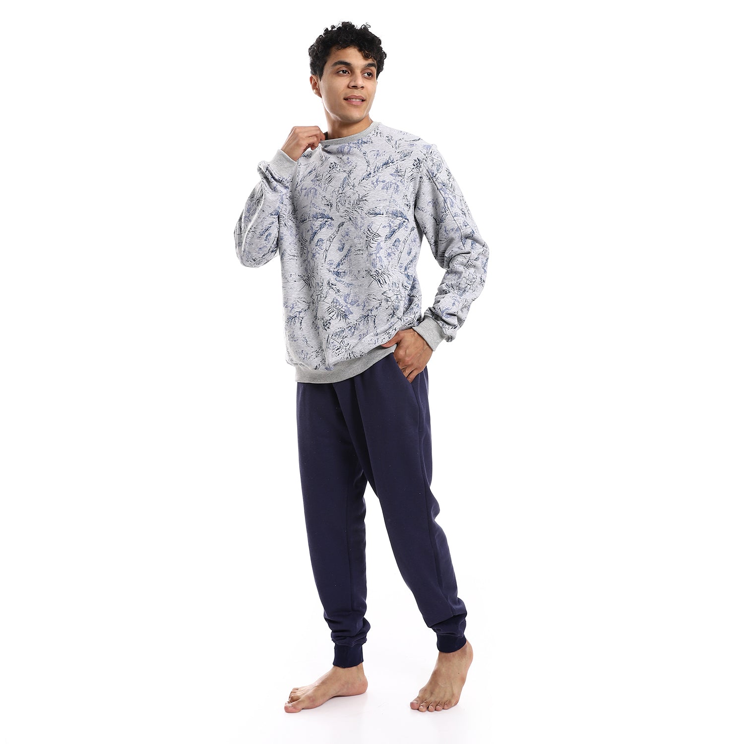Men's pajama printed from red cotton-Navy