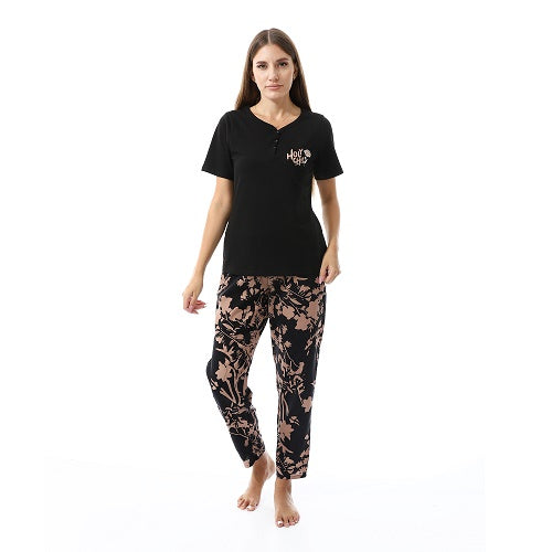 Women's summer pajama Printed cotton T-shirt and viscose pants-Black