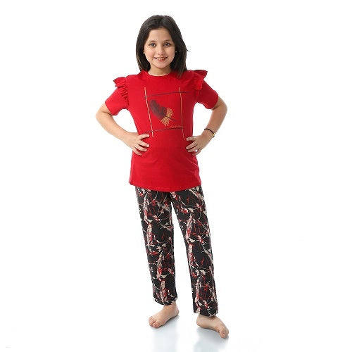 Girls Ruffled Shoulders & Patterned Pants Pajama Set - Dark Red