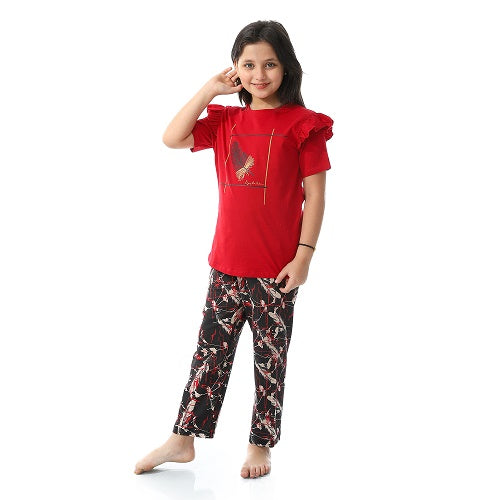 Girls Ruffled Shoulders & Patterned Pants Pajama Set - Dark Red