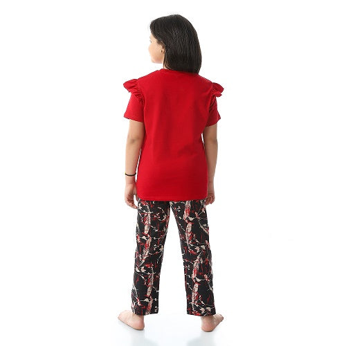 Girls Ruffled Shoulders & Patterned Pants Pajama Set - Dark Red