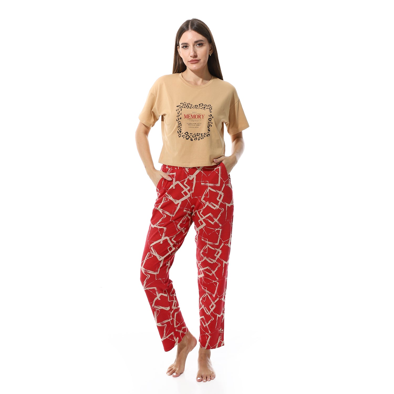 Women's Summer Pajamas Crop Shirt & Pants -Beige & Red